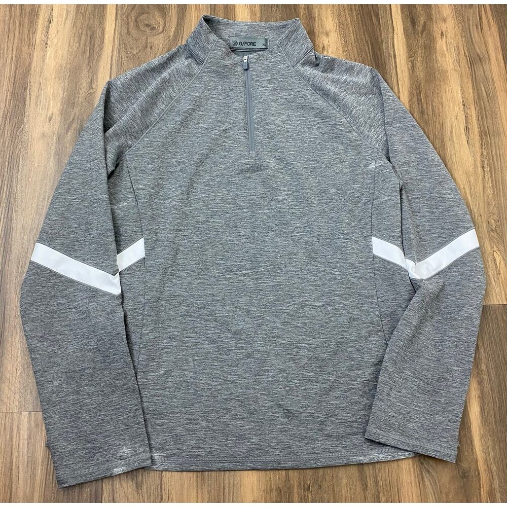 G/FORE Gray Heather Quarter-Zip Turtleneck Sweater with White Sleeve Accents